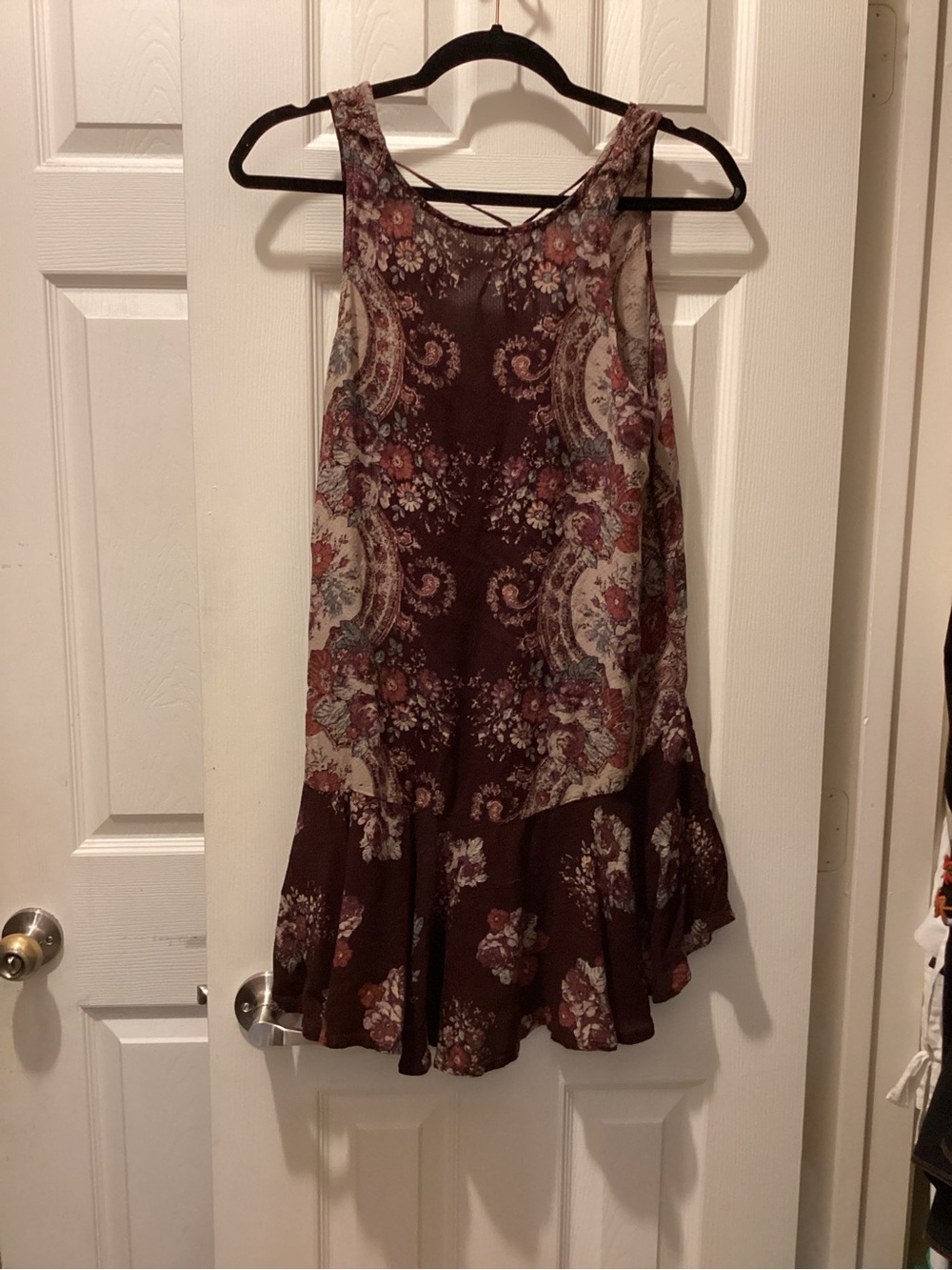 Free People Burgundy Paisley Floral Ruffled Hem Skater Dress